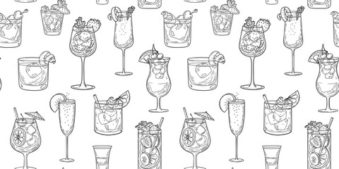 Obraz na płótnie Canvas Alcoholic cocktails hand drawn seamless pattern. Vector drawing illustration. Engraved style. Design template.