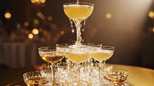 A champagne tower with glasses stacked in a pyramid shape, champagne pouring into the top glass, creating a celebratory ambiance