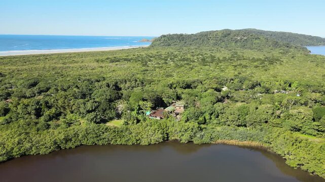 Voo de drone sobre Ilha do Mel do lado de Bras&iacute;lia no Litoral do Paran&aacute; sobre mata atl&acirc;ntica em Paranagu&aacute;