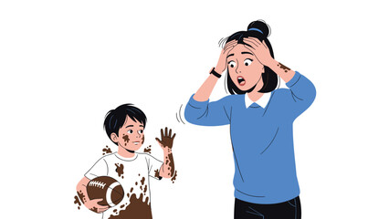 Concerned mother looks on in shock as her young son returns home completely covered in mud while holding a football.