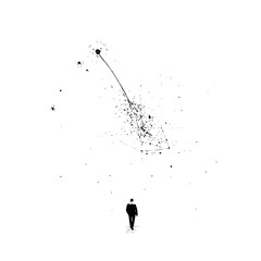 A lone figure walks beneath an abstract constellation of ink splatters in a minimalist landscape art © Khizar