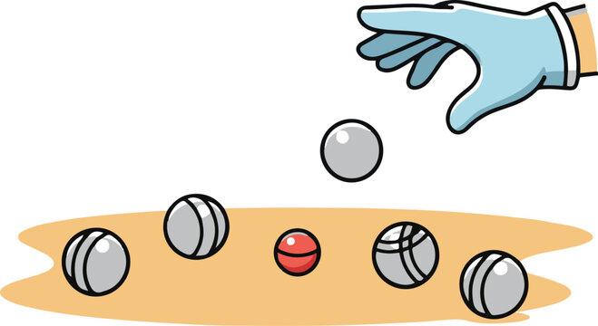 Vector illustration of a gloved hand tossing a metal ball during a game of petanque, featuring scattered boules and a red target jack on a sandy surface.