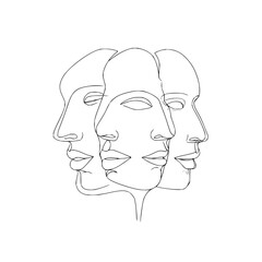 Three faces drawn with a single continuous line art style in a minimalist and elegant design concept