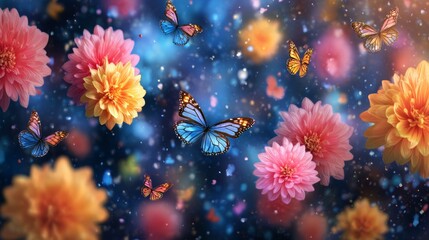 Fluttering butterflies amidst colorful flowers in a dreamy garden nature art serene atmosphere close-up view
