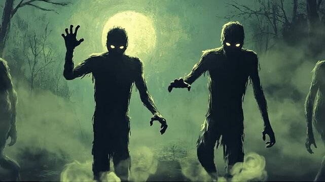 Eerie silhouettes of shadowy creatures in a foggy, moonlit forest.