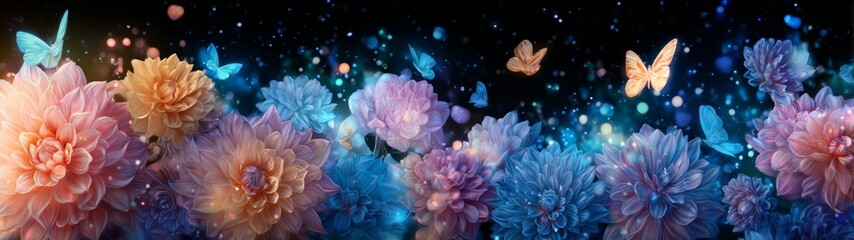 Obraz premium Surreal glowing flowers with colorful butterflies in a dreamy garden setting high-fidelity gigapixel art
