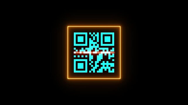 Neon qr code animation on black background. Scan qr code icon with laser motion. scanner for pay, web, mobile app 4k video footage.