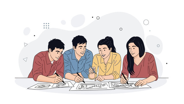 Diverse team brainstorming ideas and sketching in a collaborative meeting.