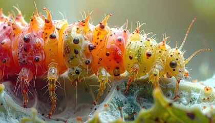 Macro shot of a vibrant caterpillar with multiple segments on a leaf