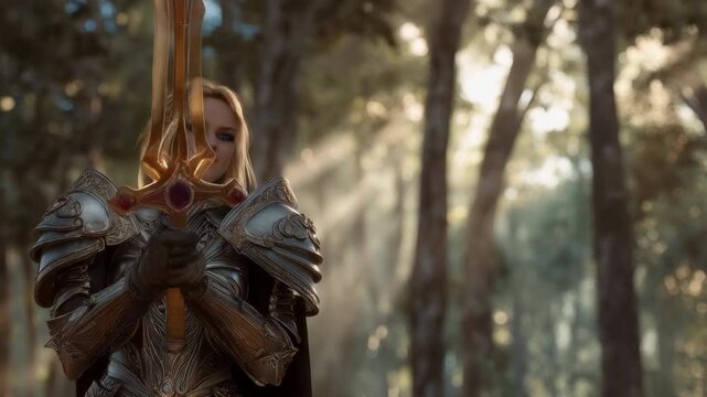 Armored female knight raises jeweled sword in sunlit forest as blade ignites with golden glow