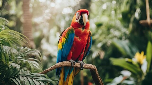 A vibrant parrot perched on a branch in a tropical setting.