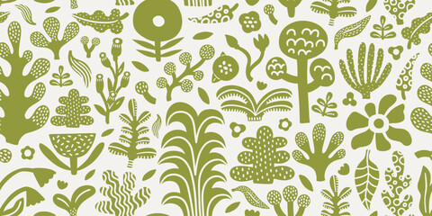 Seamless jungle tropical abstract pattern with palm tree, leaves, flowers, plants, greenery. Summer texture. Vector illustration. White background, green objects. Monochrome surface pattern design. © Anna