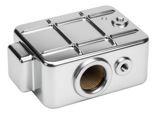 Obraz premium A close-up view of a silver metal electrical box with a round hole and a threaded port