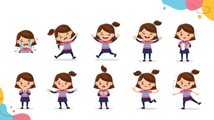 Fototapeta premium Collection of ten illustrations showing a young girl expressing a wide range of emotions from joy and excitement to sadness and fear.