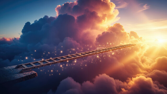 Ladder stretching into a vibrant, cloud-filled sky.