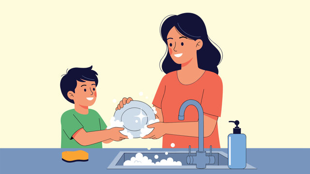 Smiling mother and her young son working together to wash and dry dishes at the kitchen sink, showing shared household chores and family bonding.