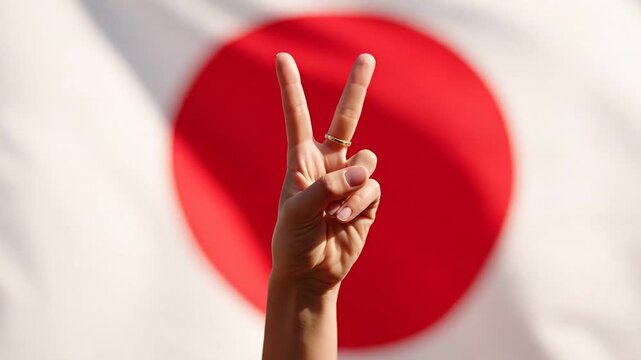 Hand Peace Gesture In Front Of Japan Flag.