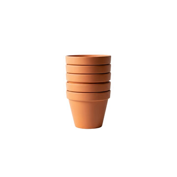 Stack of five terracotta flower pots isolated On Transparent Background
