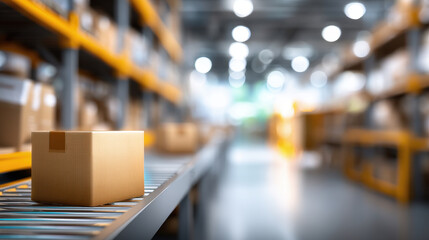 Obraz premium Cardboard box on conveyor in warehouse with blurred shelving and bokeh lighting conveying busy logistics