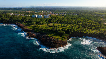 Fototapeta premium Rocky tropical coastline in Puerto Rico. Aerial view of rocky shoreline with waves and lush tropical vegetation in Puerto Rico.