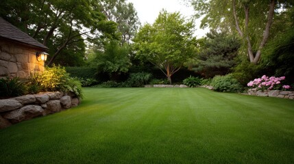 Naklejka premium Serene backyard landscape with lush green grass, flowering shrubs, trees, and soft lighting for a peaceful garden atmosphere at dusk
