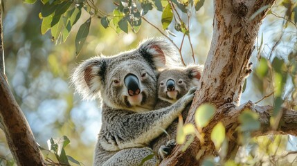Fototapeta premium A mother koala and joey resting on a eucalyptus branch in a quiet, protected section of native Australian bushland