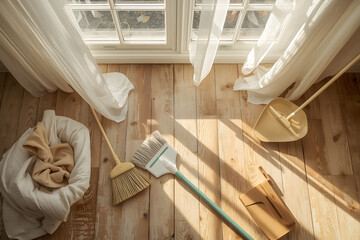 Obraz premium Overhead view of cleaning supplies on a wooden floor near a sunny window