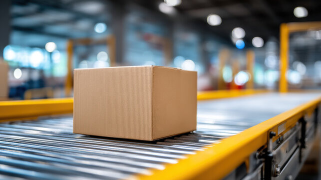 Cardboard box on conveyor belt in warehouse conveying packages with industrial lighting and motion