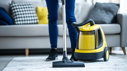 Fototapeta premium Person vacuuming living room carpet in cozy home interior
