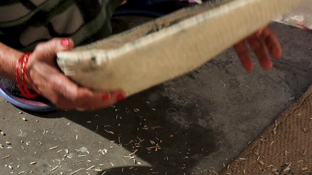 Close up of rural Indian hands winnowing grain using traditional tray in village setting symbolizing poverty agriculture manual labor food processing and subsistence livelihood