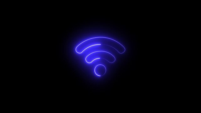 Neon glowing blue color Wi-Fi symbol radiates from a central point, set against a black futuristic background. 4k video