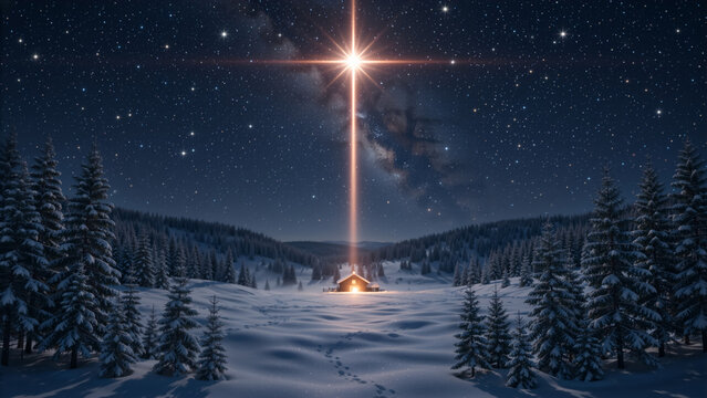 Star of Bethlehem shining over stable in winter landscape. Christmas nativity scene at night. Religious holiday background