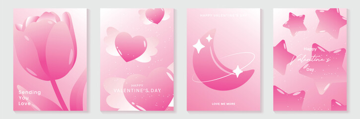 Happy Valentine's Day tulip and heart vector poster set with blush pink gradients, soft glow, sparkles and romantic shapes. Elegant design for posters, cards, invitations and packaging.