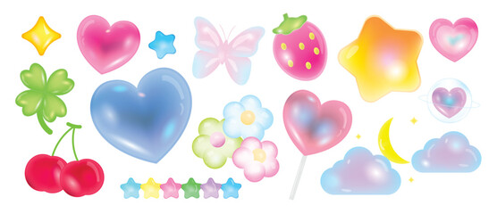 Obraz na płótnie Canvas Valentine cute icon vector set with glossy hearts, clover, cherry, strawberry, star, moon and pastel candy elements on white background. Kawaii design for stickers, prints and cards.