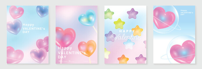Obraz na płótnie Canvas Happy Valentine's Day floating heart vector poster set with blue and pink glossy hearts, soft light bokeh and gentle sky background. Romantic design for posters, cards, banners and web.
