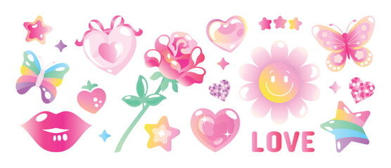 Fototapeta na wymiar Valentine playful element vector set with hearts, butterfly, flowers, lips, rainbow, stars and cute doodles in pink pastel colors. Fun design for stickers, cards, prints and decorations.