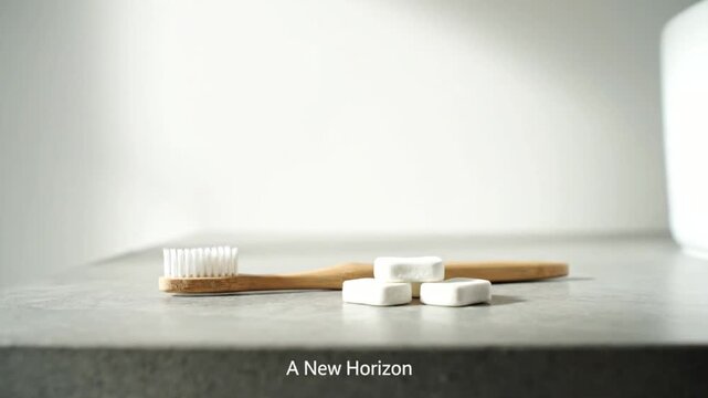 toothbrush and toothpaste on a clean surface for a healthy morning routine in a minimalist bathroom with a calm atmosphere for commercial use