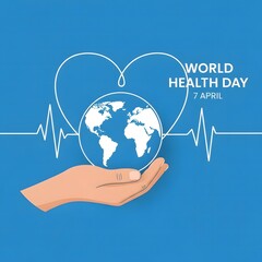 World health day illustration with a globe and a heart on a blue background