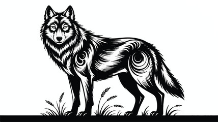 Fototapeta premium black and white illustration of a wolf standing in grass
