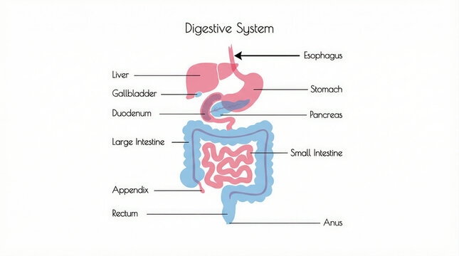 Labeled diagram of human digestive system organs on white background