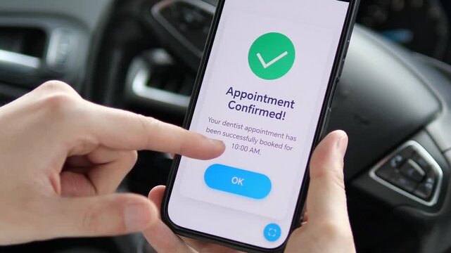 A person uses a clean, professional UI on their phone to book a dentist visit from their vehicle. The video captures the final step of the reservation process, highlighting time-saving technology and