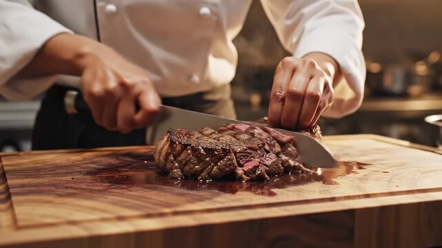 Professional culinary expert precisely carving a succulent grilled beefsteak on a rustic timber block using a sharp steel blade in a commercial kitchen environment with cinematic lighting