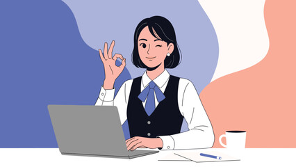 Professional office worker with short dark hair making an okay gesture and winking while sitting at her laptop in a colorful abstract setting.