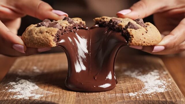 Delectable freshly baked large chocolate chip cookie split apart to reveal a rich molten cocoa center oozing with warmth inside a gourmet crunchy biscuit dessert pastry snack food.