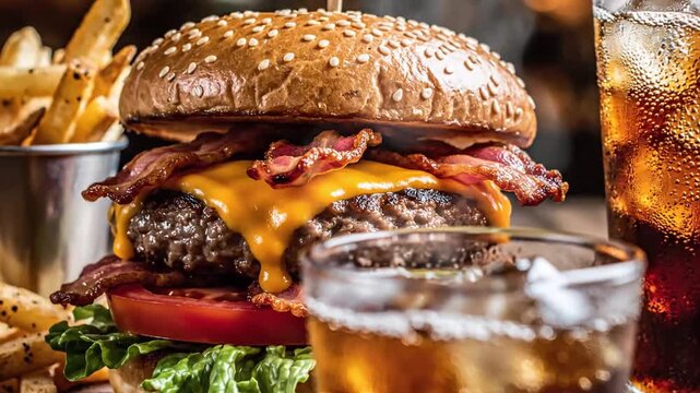 Savory gourmet cheeseburger layered with crispy bacon and ripe tomato served with crunchy golden fries and a bubbling glass of chilled cola soda for a complete meal and delicious hearty feast.