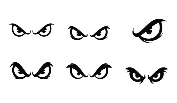 Six Pairs of Angry and Fierce Cartoon Eyes in Black and White angry eyes fierce eyes