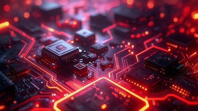 赤く輝く中央チップが強調されたエネルギッシュな回路基板表現