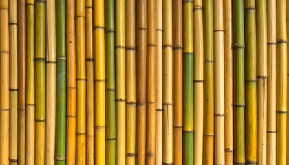 Fototapeta premium Natural Bamboo Wall Texture Background with Vertical Stalks in Earthy Yellow and Green Tones for Zen Aesthetic