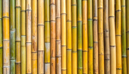 Naklejka premium Natural Bamboo Wall Texture Background with Vertical Stalks in Earthy Yellow and Green Tones for Zen Aesthetic