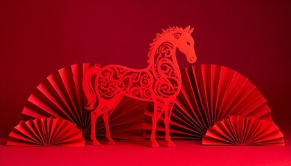 Intricate Red Paper-Cut Horse with Traditional Decorative Swirls and Paper Fans for Chinese New Year Zodiac Celebration